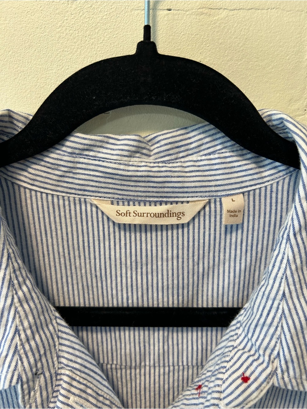 Soft Surroundings Blue Stripe Embroidered Button Up Shirt Boho Timeless Size L - Picture 2 of 7